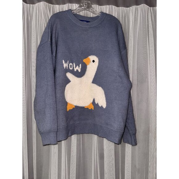 Elfric Eden "Wow" Goose Graphic Sweater XL Blue Knit Pullover Casual Unisex stre - Picture 1 of 9